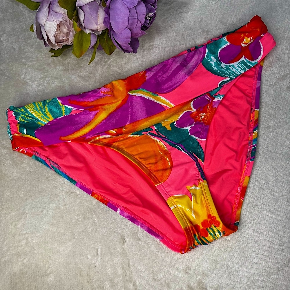 NWT La Blanca 'Isla' Shirred-Band Bikini Bottom in Hot Coral